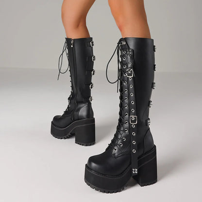 Punk Gothic Women Motorcycle Boots Chunky High Heels Lace Up Buckle Platform Fashion Cool Luxury Halloween Winter Shoes