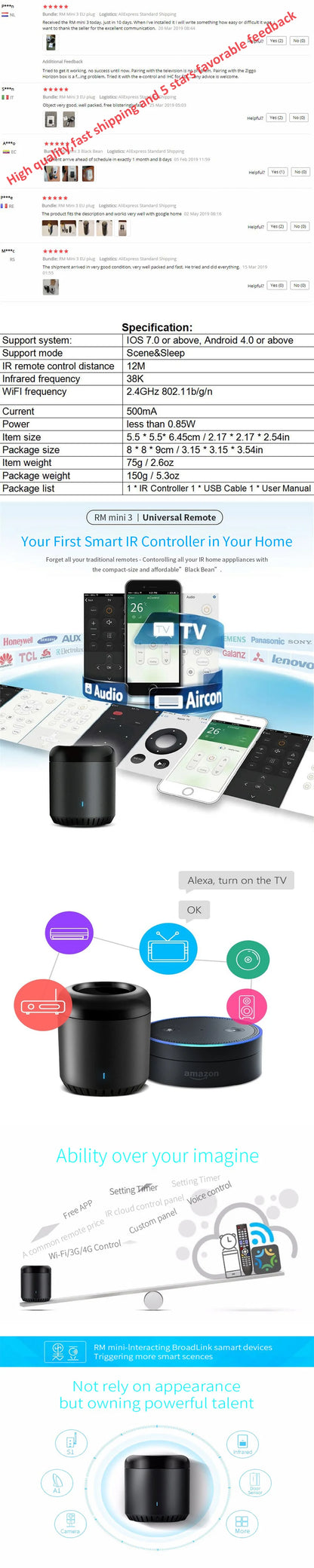 BroadLink RM4 BestCon RM4C mini Wi-Fi Smart Universal Remotefor Air Conditioner TV Voice Control with Google Home & Alexa HUB