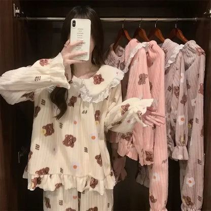 Ruffles Pajamas for Women Autumn Winter Peter Pan Collar Ruffle Sleeve Pajama Top and Elastice Waist Pants 2 Pcs Pajama Sets