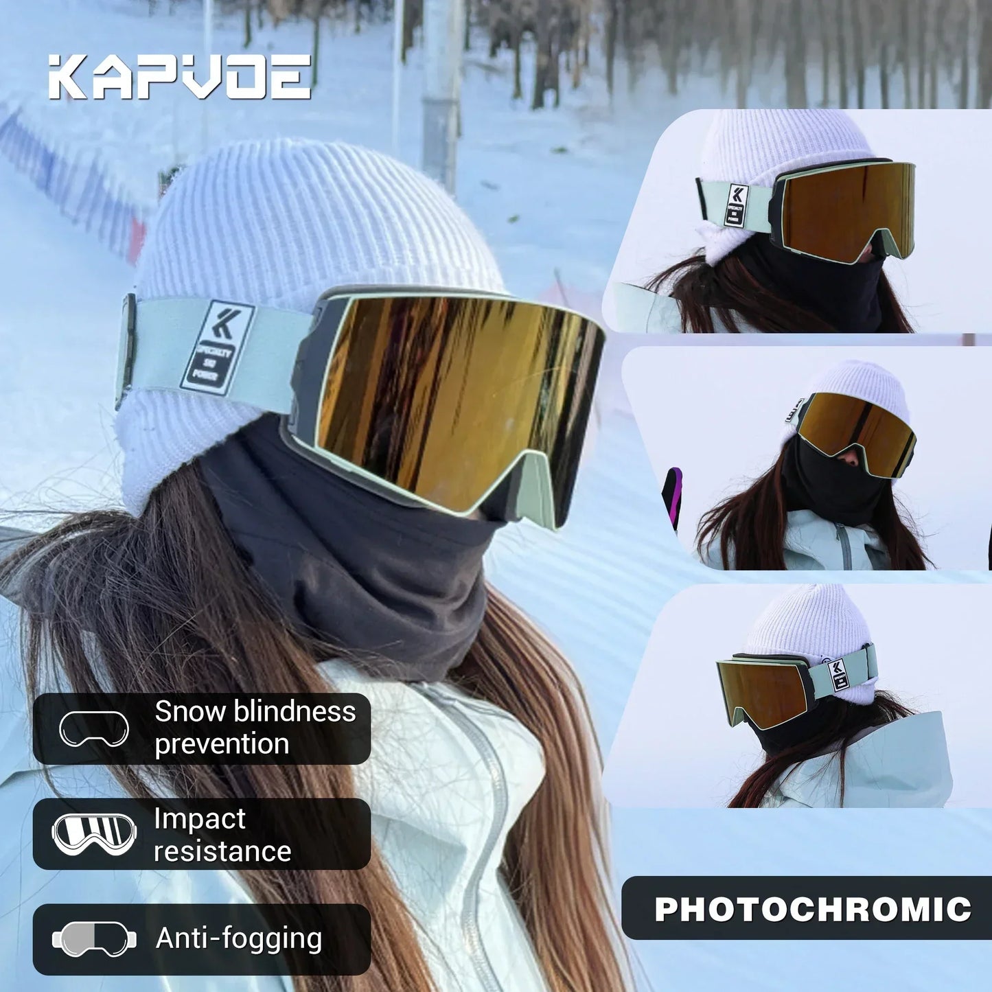 KAPVOE New Outdoor Photochromic Ski Goggles Winter Snow Sports for Unisex Snow Glasses UV400 Anti-fog Magnetic Snowboard Glasses