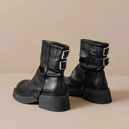 New Women's Platform Ankle Boots - Buckle Detail Retro Chunky Heel Booties,Fall/Winter Fashion Low-Cut Boots
