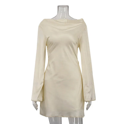 Tuularose Satin Backless Dress Women's Sexy Hollow Lace Up Long Sleeve A-Line Short Dress Elegant Swing Neck Party Evening Dress