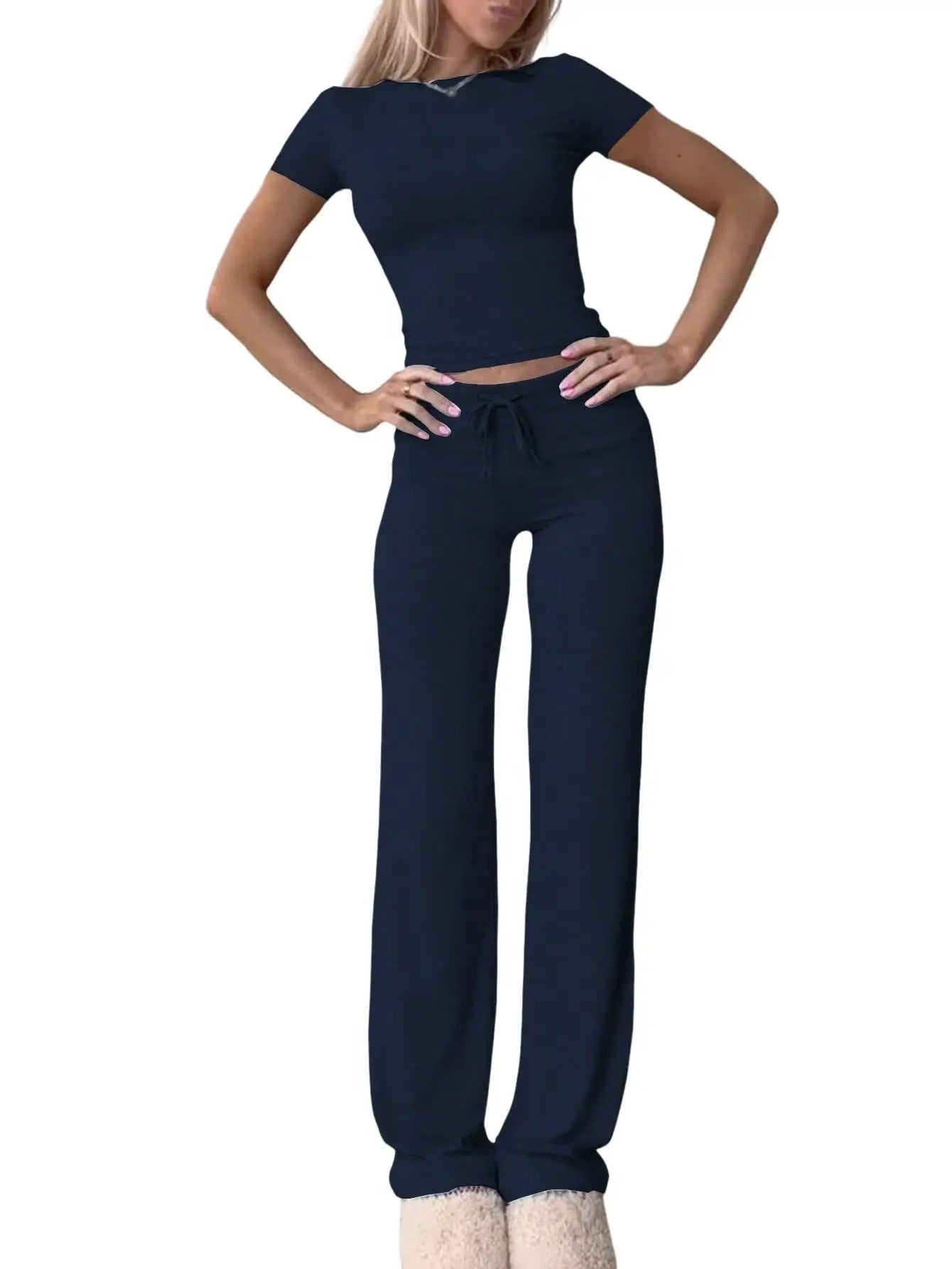 Summer Comfortable Casual Women's Home Sports Set 2025 New Fashionable Solid Color Slim Body Clothes + Trousers Two-piece Set