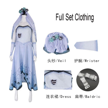Bride Emily Cosplay Costume Wig Zombie Ghost Emily Blue Printed Dress Gothic Clothing Halloween Party Princess Dress Suit