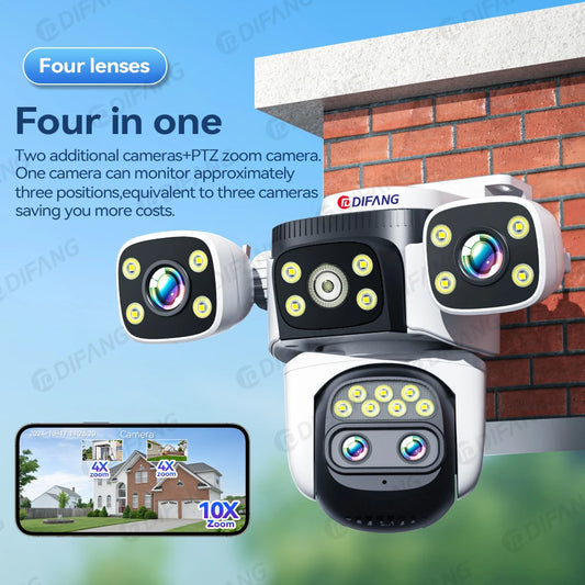 20MP 10X Optical Zoom WiFi6 Outdoor Security Cam Four Lens Three Screens Auto Tracking 6K Dual Len Waterproof WiFi CCTV Cam 10K