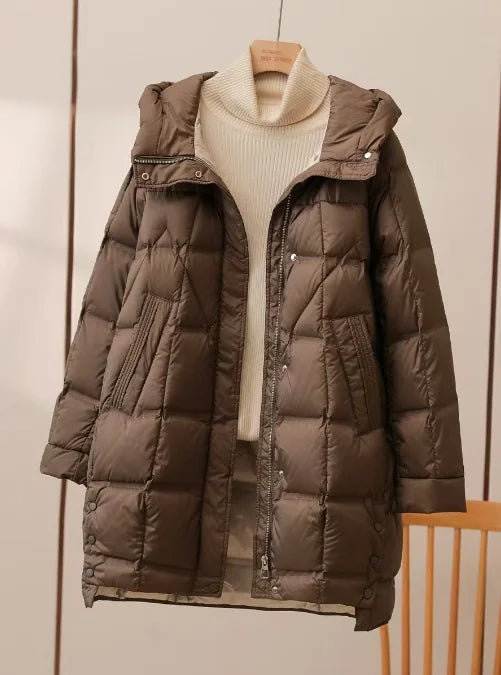 Winter Long 90% White Duck Down Jacket Women Hooded Zipper Puffer Coat Casual Warm Loose Puffer Feather Parka