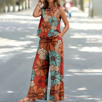 Bohemian Leaf Print Holiday Pants Set Round Neck Elegant Temperament Summer Sleeveless Top And Pants Hawaii Vacation Womenswear