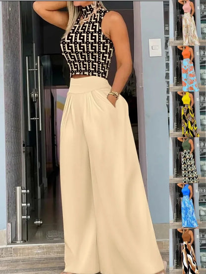 2025 Summer Fashion Printing Two Piece Set Women Casual Solid Sleeveless Tank Top Wide Leg Pants Two Piece Set Women