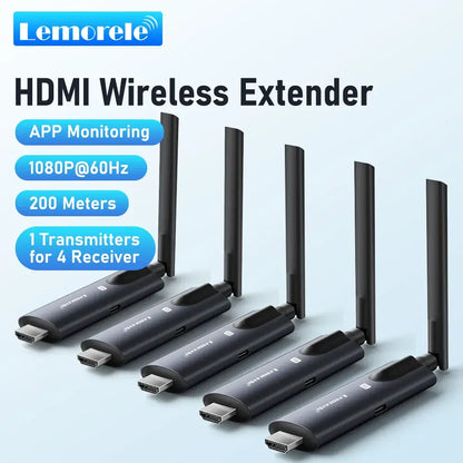 Lemorele 200m Wireless HDMI Transmitter and Receiver APP Monitor Video Transceiver Low Latency Plug and Play for PC TV Projector