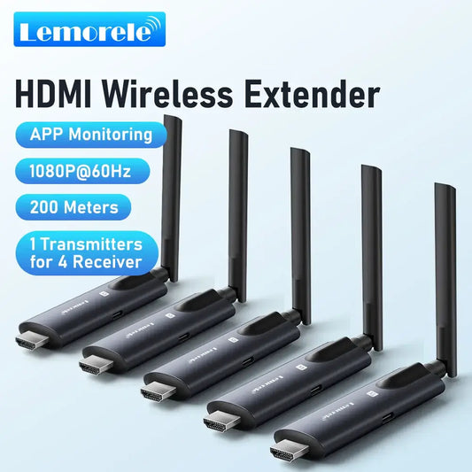 Lemorele 200m Wireless HDMI Transmitter and Receiver APP Monitor Video Transceiver Low Latency Plug and Play for PC TV Projector