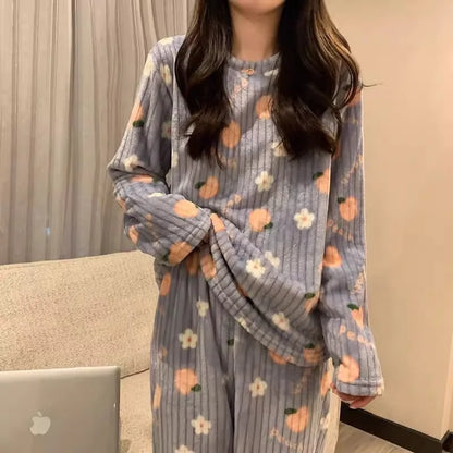 Adorable Sweet Coral Fce Thiened Autumn Winter Spwear Women's Casual Home Clothes Set Long Pants Comfortable Leisure ...