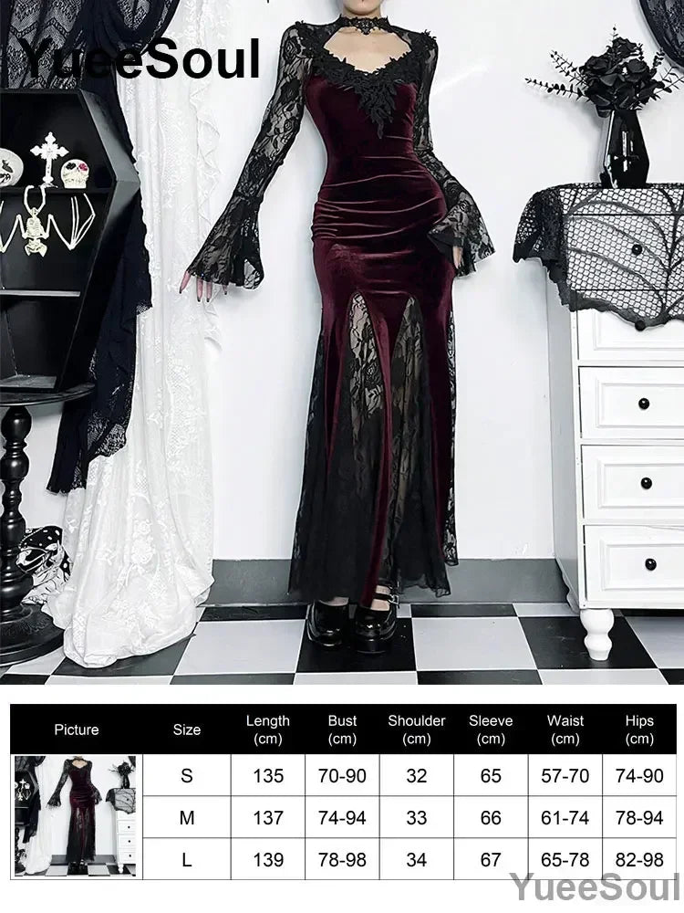 Halloween Gothic Grunge Punk Women Dress Long Sleeve Lace Slim Black Dresses 2025 New Y2K Harajuku Lolita Fairy Core Party Dress