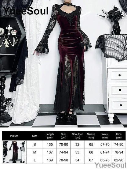 Halloween Gothic Grunge Punk Women Dress Long Sleeve Lace Slim Black Dresses 2025 New Y2K Harajuku Lolita Fairy Core Party Dress