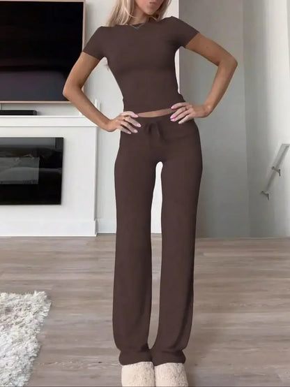 Summer Comfortable Casual Women's Home Sports Set 2025 New Fashionable Solid Color Slim Body Clothes + Trousers Two-piece Set