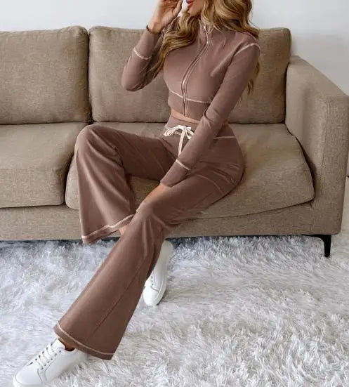 Two Piece Set Women Outfit Spring Autumn New Solid Color Stand Collar Long Sleeved Crop Zipper Jacket & Casual Pants Set