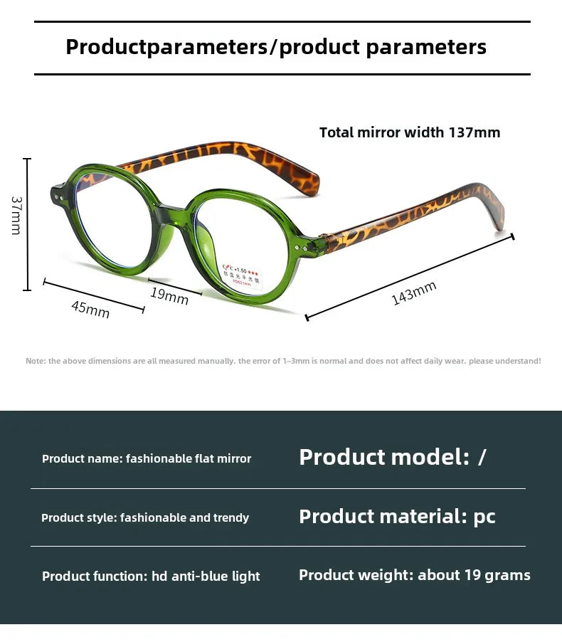 Retro Small Frame Presbyopia Glasses Oval Frame Green Tortoiseshell Reading Glasses Blue Light Blocking Eye Protection Eyewear