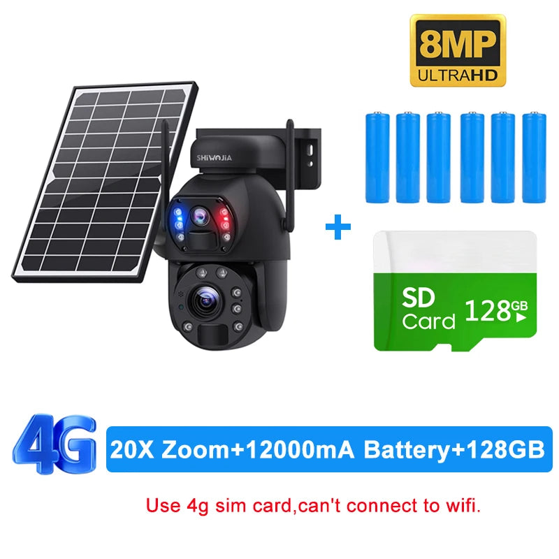 SHIWOJIA 4K 8MP 4G Solar Camera 20X Zoom Dual Lens Recording Humanoid Tracking Outdoor WIFI Camera Metal Waterproof CCTV