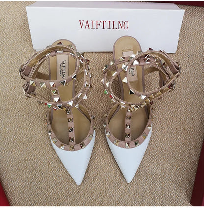 Women's Gladiator sandals Summer Black luxury Woman shoes Rivet High-heeled Three Straps Ankle Fashion Designer Ladies Shoes