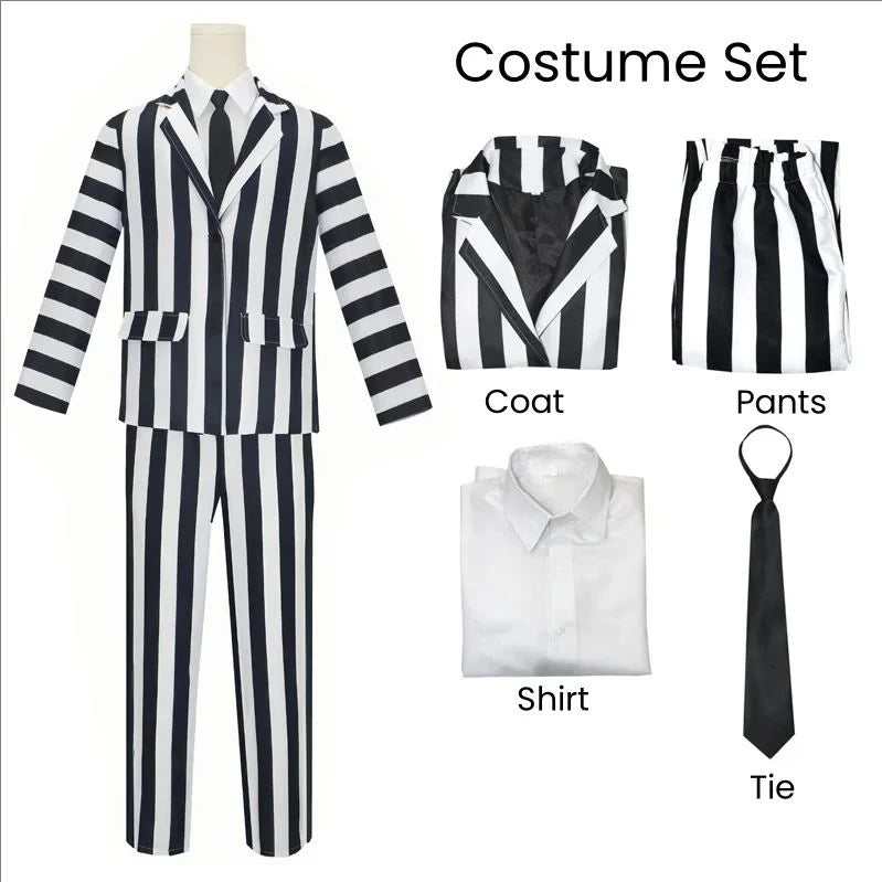 Anime Cosplay Beetle Juicee Men Black and White Striped Suit Scary Halloween Costumes Tie Shirt for Cosplay Party