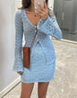 Two Piece Set Women Outfit Spring New Solid Color Plunge Long Sleeve Knit Button Top & High Waist Casual Mini Skirt Sets