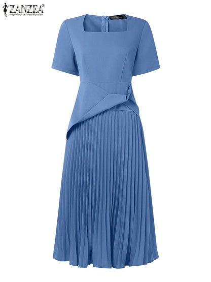 ZANZEA Elegant Office Work Dresses 2025 Women Summer Dress Square Neck Party Sundress Fashion Short Sleeve Pleated Vestidos Robe