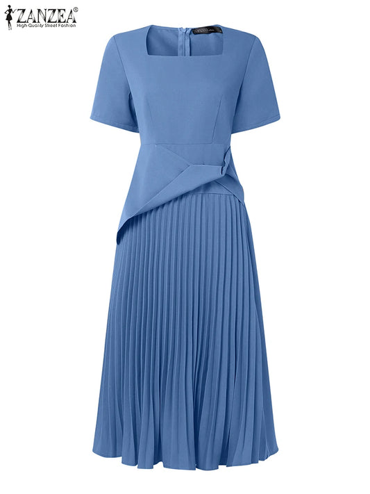 ZANZEA Elegant Office Work Dresses 2025 Women Summer Dress Square Neck Party Sundress Fashion Short Sleeve Pleated Vestidos Robe