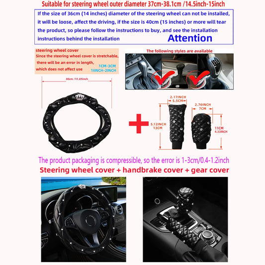Soft leather diamond crown three-piece car without inner ring steering wheel cover handbrake handle cover