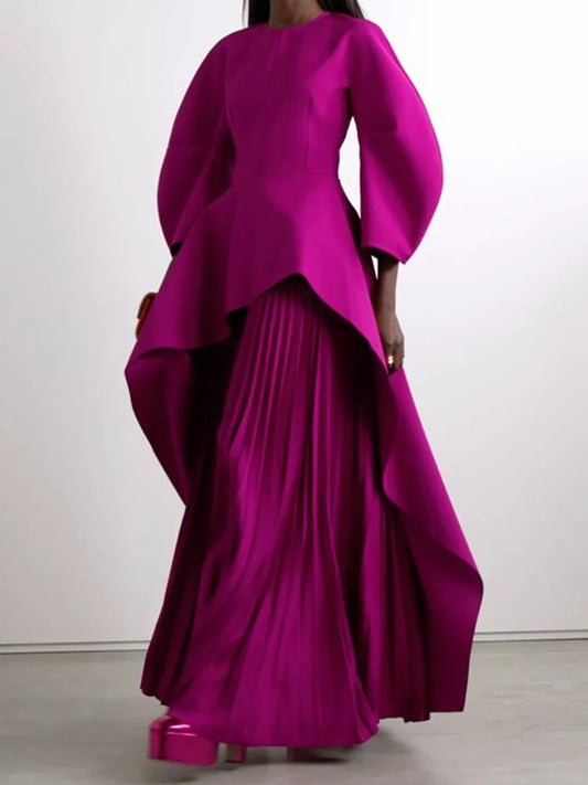 Yeezzi Elegant Solid Color Split-Joint Tiered Pleated Cocktail Dress Long Sleeves O-Neck Party Banquet Maxi Dresses 2025 New