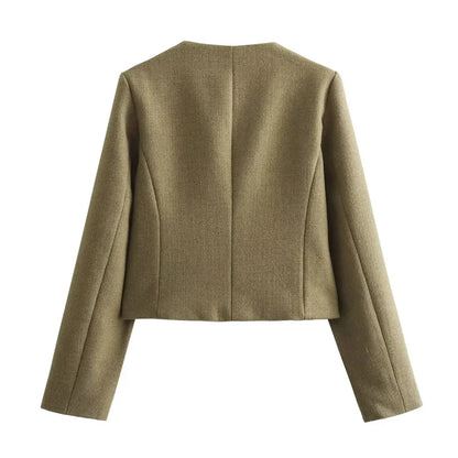 TRAF 2024 Cropped Tweed Jacket Woman Coat Button Long Sleeve Elegant Jackets For Women Short Coats Fashion New In Outerwears