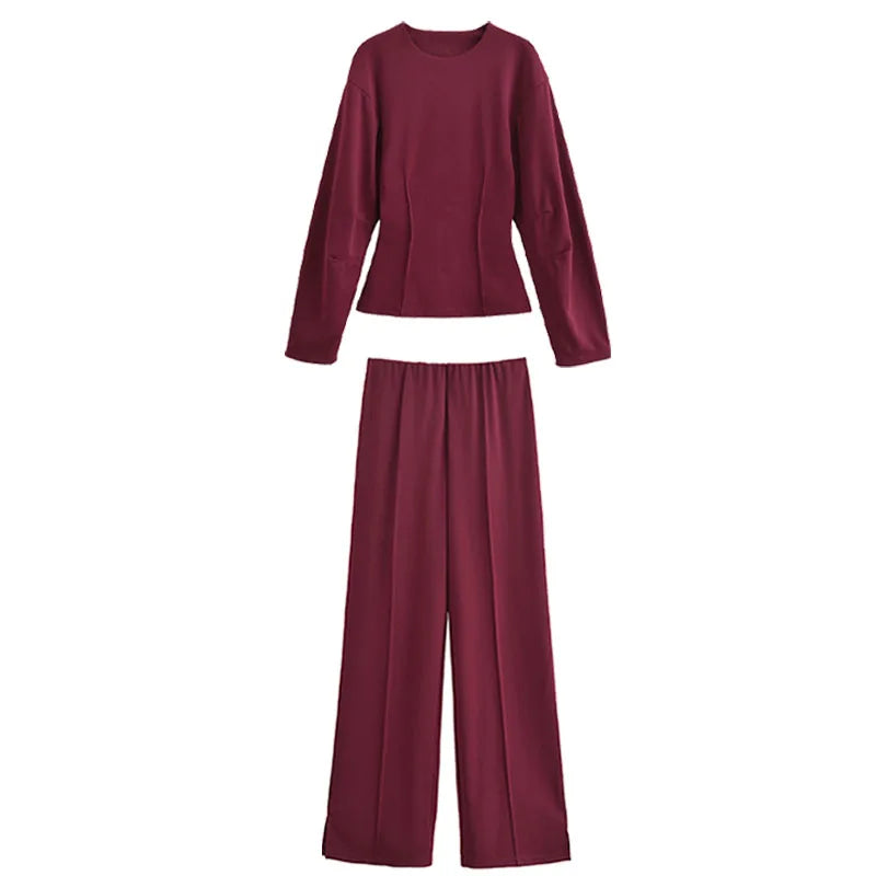 TRAFZA Women New Fashion Slimming 2-Piece Set Double-Sided Fabric O-Neck Long-Sleeve Top+Elegant Stretch Long Pants Female Suit