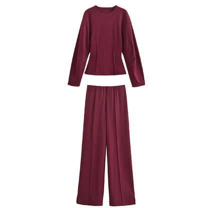 TRAFZA Women New Fashion Slimming 2-Piece Set Double-Sided Fabric O-Neck Long-Sleeve Top+Elegant Stretch Long Pants Female Suit