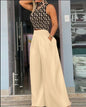2025 Summer Fashion Printing Two Piece Set Women Casual Solid Sleeveless Tank Top Wide Leg Pants Two Piece Set Women