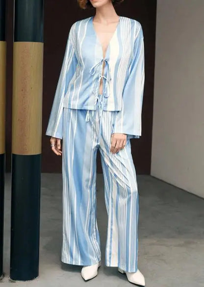 Two Piece Set Women Outfit Spring Autumn New Temperament Striped Long Sleeved Lace Up Shirt & Casual Straight Leg Pants Set