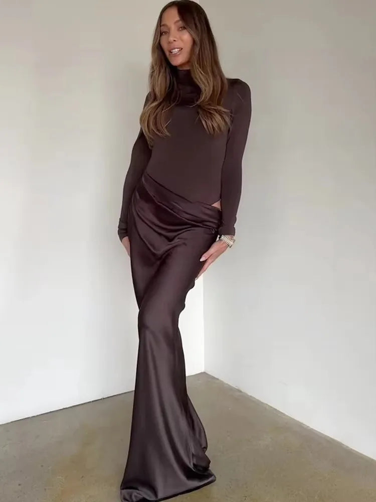 JULISSA MO Patchwork Satin Sexy One Shoulder Women Maxi Dress Brown Sleeveless Evening Dress Summer Slim Elegant Party Clubwear