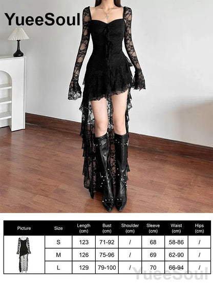 Halloween Gothic Grunge Punk Women Dress Long Sleeve Lace Slim Black Dresses 2025 New Y2K Harajuku Lolita Fairy Core Party Dress