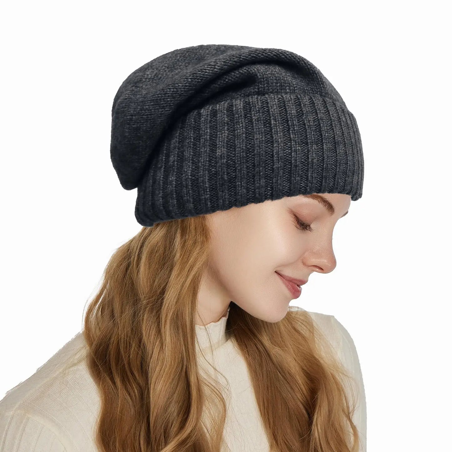 100%Cashmere Beanie Hat for Women's Winter Satin Lined Knitted Solid Skullies Cap Silk Lining Soft Warm Slouchy Bonnet