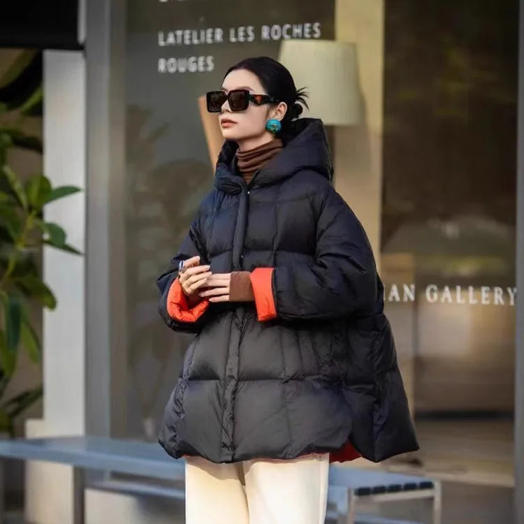 Schinteon Women Down Jacket Casual Loose Over Size Warm Autumn Winter Outwear White Duck Down with Hood Fashion Coat 2024 New