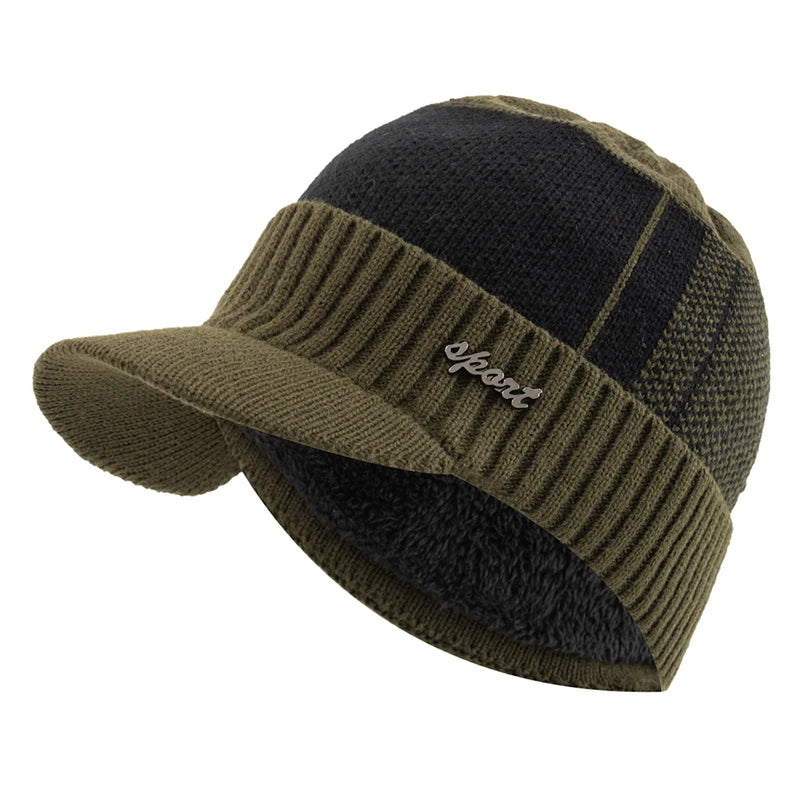 New Unisex Warm Winter Hat With Brim Add Fur Lined Beanie Hat Sports Label Thicken Winter Hats For Men Women Knitted Hat