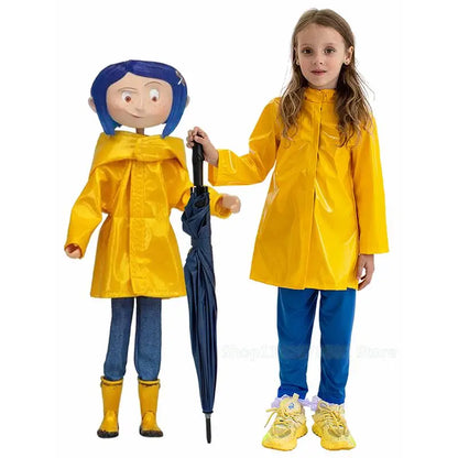Horror Fairytale Movies Coraline Cosplay Costume Wig Size Halloween Party Scary Yellow Coat Secret Door Adult Kid Roleplay Suit