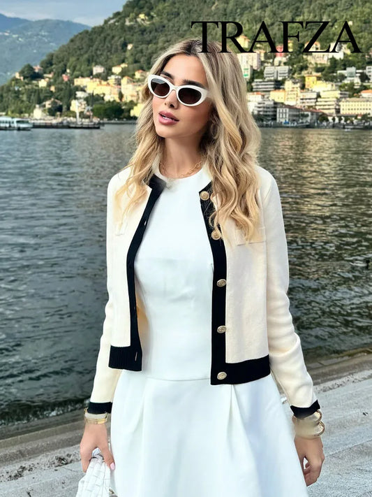 TRAFZA Autumn Fashion Women Sweater Coats Solid O-Neck Long Sleeves Pockets Buttons Single Breasted Female Casual Knitted Coat