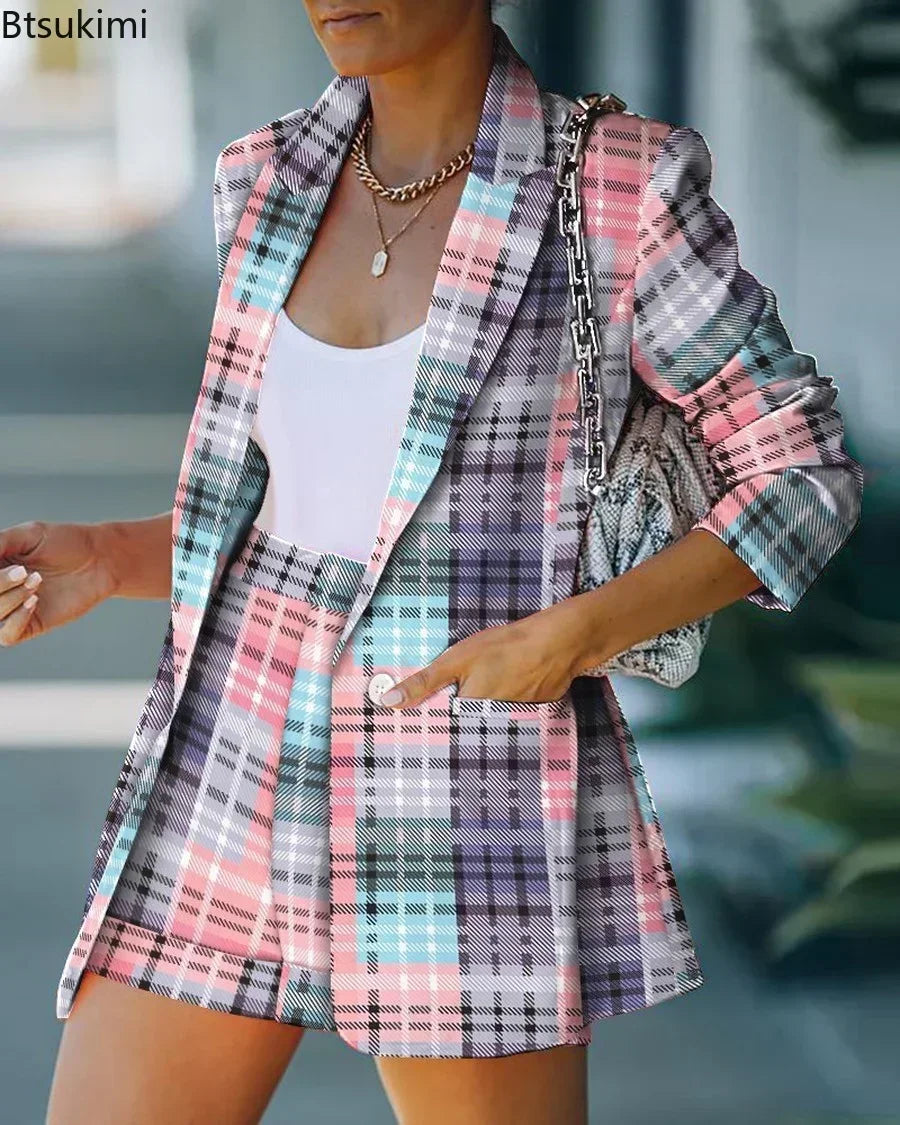 2025 Elegant Two Piece Blazer Suit Sets Women OL Office Sets Slim Cardigan Blazer Shorts Solid 2 Piece Set Casual Blazers Set