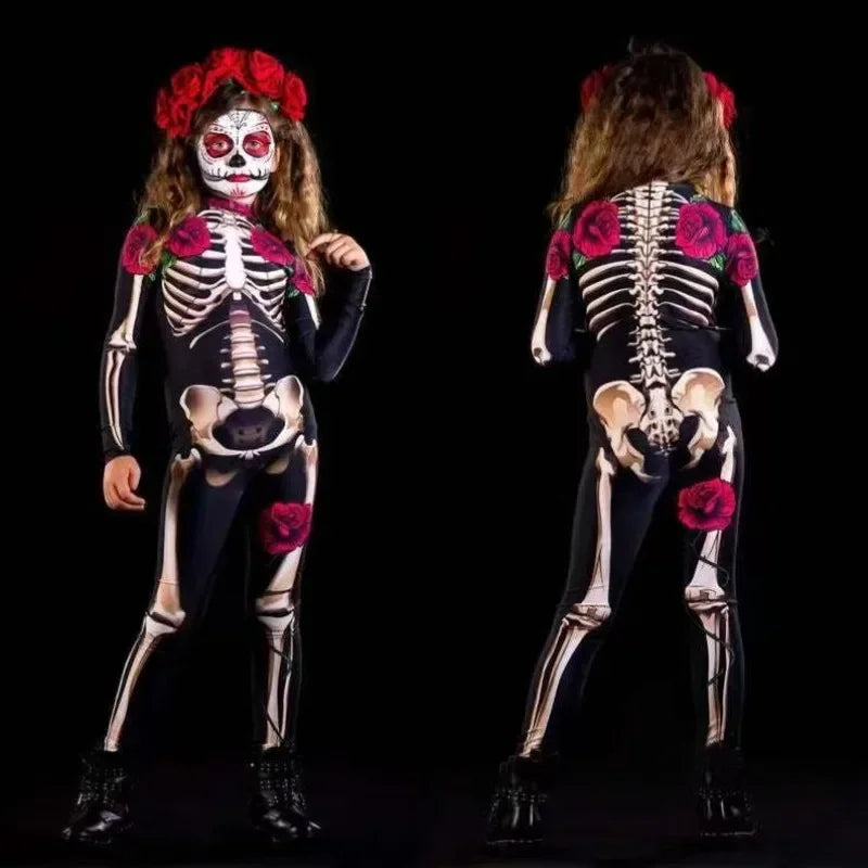 Girls Rose Skeleton Costume Ghost Bride Jumpsuit Halloween Printed Skeleton Dress Up Costume Ladies Scary Cosplay Costume