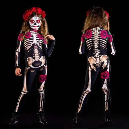 Girls Rose Skeleton Costume Ghost Bride Jumpsuit Halloween Printed Skeleton Dress Up Costume Ladies Scary Cosplay Costume