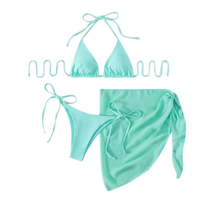 Sexy Three Pieces Bikini Set Women Summer Bikini With Sarong Skirt Solid Color Triangle Cup Tie Up Female Swimwear Swimming Suit