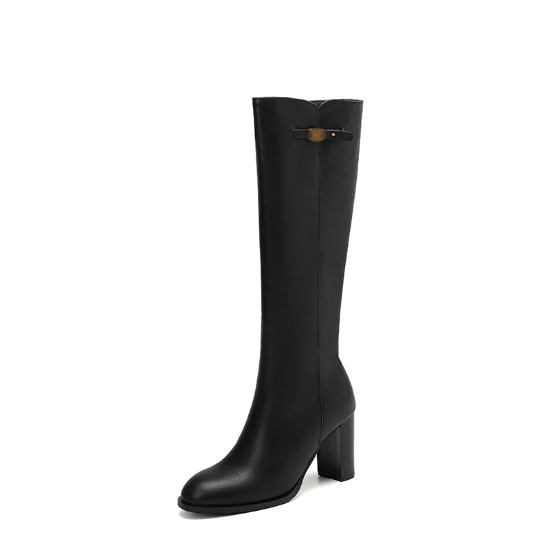 Ods Soft Cow Leather Black Knee High Boots Chunky Mid Heels Zipper Women's Long Boot Big Size Luxury Designer Sexy Shoes 4143 46