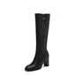 Ods Soft Cow Leather Black Knee High Boots Chunky Mid Heels Zipper Women's Long Boot Big Size Luxury Designer Sexy Shoes 4143 46