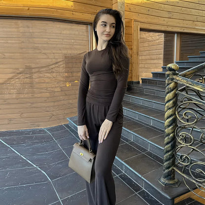 Basic Wide Leg Pants Leisure Suit Women 2025 Spring Solid Long Sleeve Top Casual Loose Trousers 2 Piece Set Hottie Streetwear