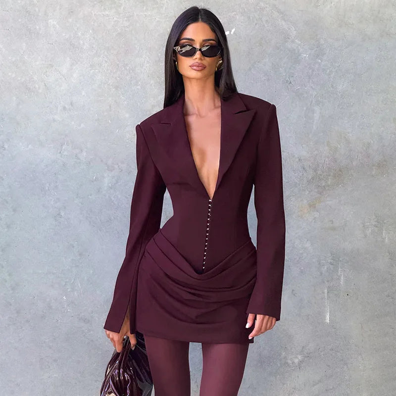 Long Sleeve Deep V-Neck Sexy Ruched Bodycon Blazer Vestidos