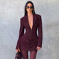 Long Sleeve Deep V-Neck Sexy Ruched Bodycon Blazer Vestidos