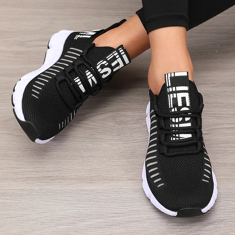 Women's Sneakers Knitted Mesh Breathable Fashionable Lightweight Soft Lace Up Shoes Flexible Trendy Exercise Walking Flat Shoes